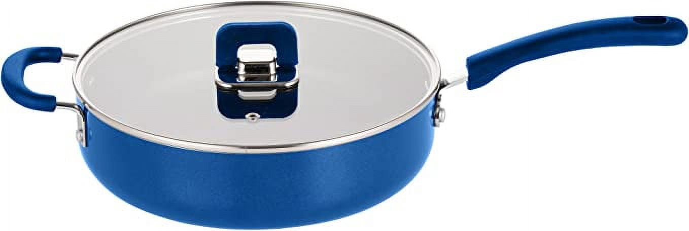 NutriChef Sauté Pan W/ Lid-Non-Stick Stylish Kitchen Cookware W/ Foldable Knob, 3.7 Quart (Blue)