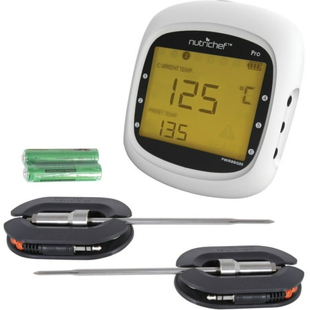 NutriChef Smart Bluetooth BBQ Grill Thermometer PWIRBBQ80 - Indicator Light, Wireless, Digital Display, Backlight, Temperature History, Alarm, Hassle-free - For Barbecue - White, Black