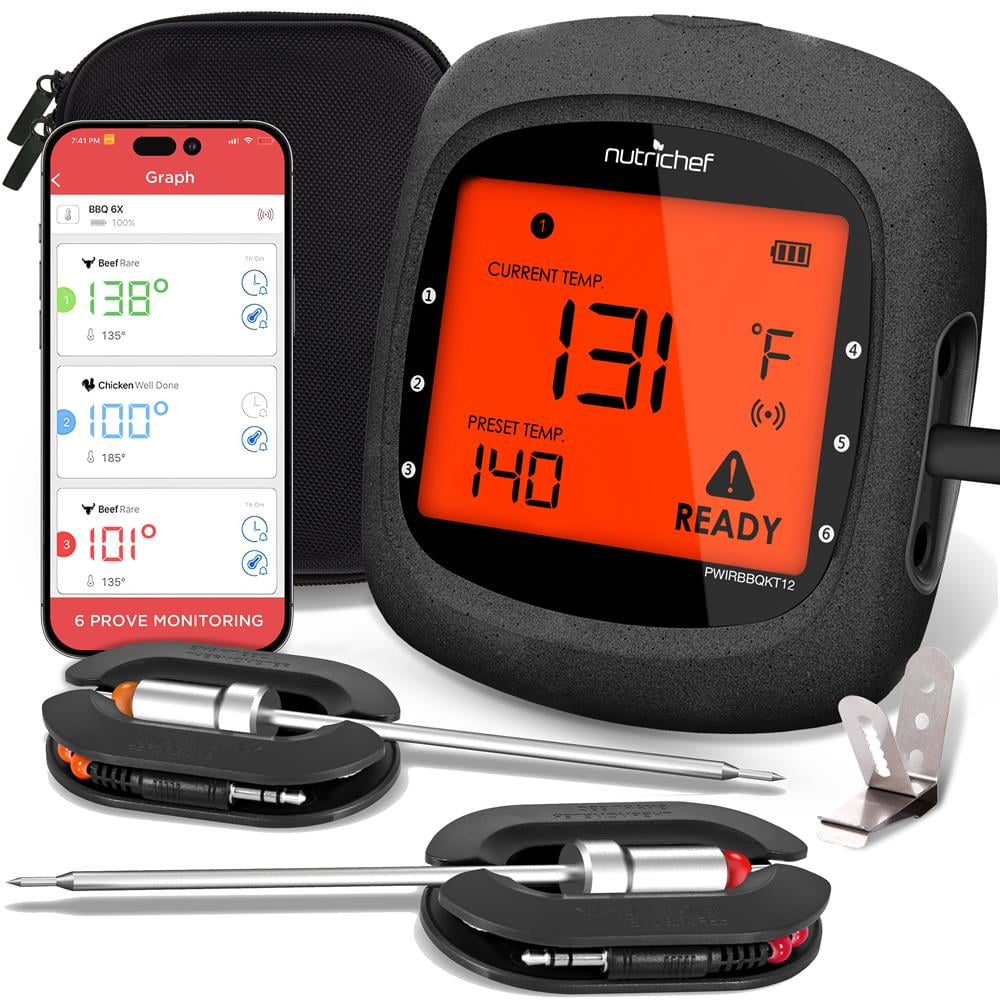 NutriChef Bluetooth Meat Thermometer for Grilling and Smoking, up to 6  Temperature Probes and Smart APP, 400 Ft Range, LCD