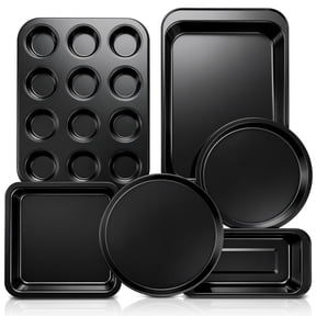 TINANA Nonstick Bakeware Set 6 Pcs, Stackable Carbon Steel Baking Pan Set for Cookies, Brownies, Bread, Cupcakes & Roasting, Oven Safe, Black