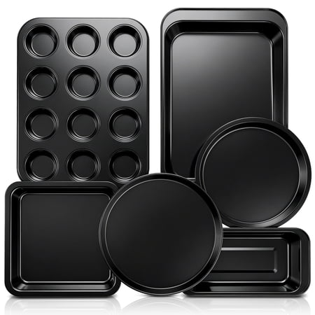 TINANA Nonstick Bakeware Set 6 Pcs, Stackable Carbon Steel Baking Pan Set for Cookies, Brownies, Bread, Cupcakes & Roasting, Oven Safe, Black