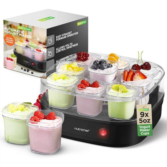 NutriChef Temperature Control 9 Cups Greek Yogurt Maker, 45 Ounces, Black