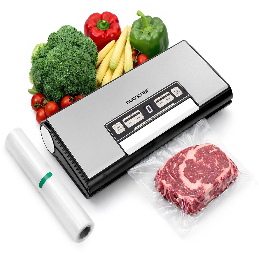 NutriChef Vacuum Sealer Machine – 80kPa Food Vacuum Sealer with Built-in Cutter, Bag Storage, Suction Hose, 1 Bag Roll & 5 Vacuum Bags for Freezer Meal Prep & Portioning (14" x 7" x 3")