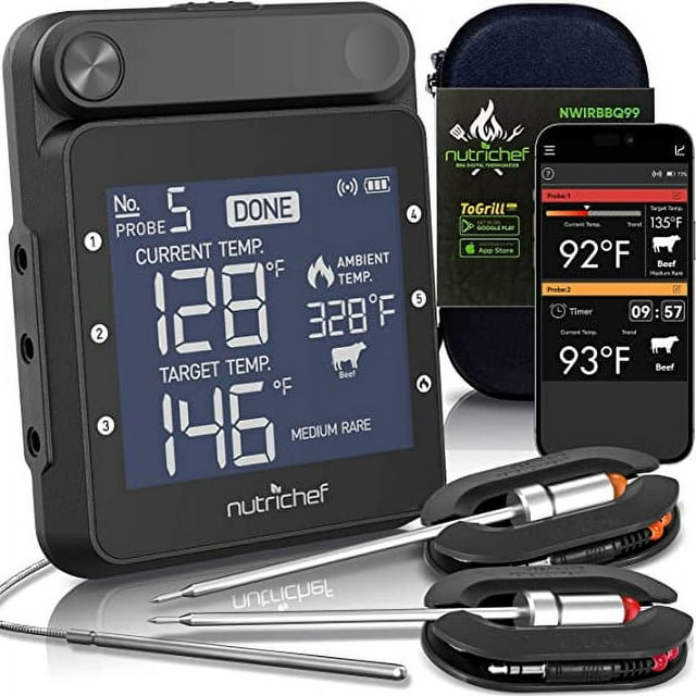 NutriChef Digital Cooking Pro WiFi BBQ Thermometer, Wireless Dual