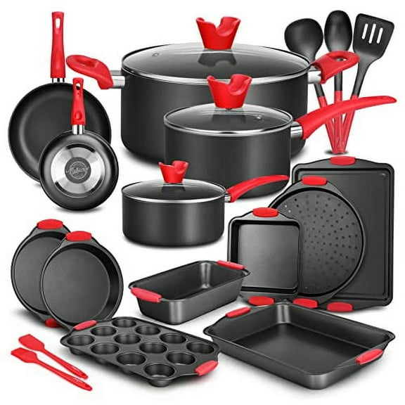 NutriChef w/Heat Red Silicone Handles, Oven Safe, 21 Piece Set, Black