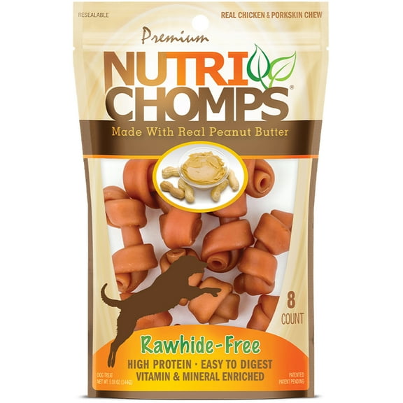 Nutri Chomps Premium Rawhide-Free Real Peanut Butter Flavor Knotted Dog Treats, 2.5 Inch, 8 Count