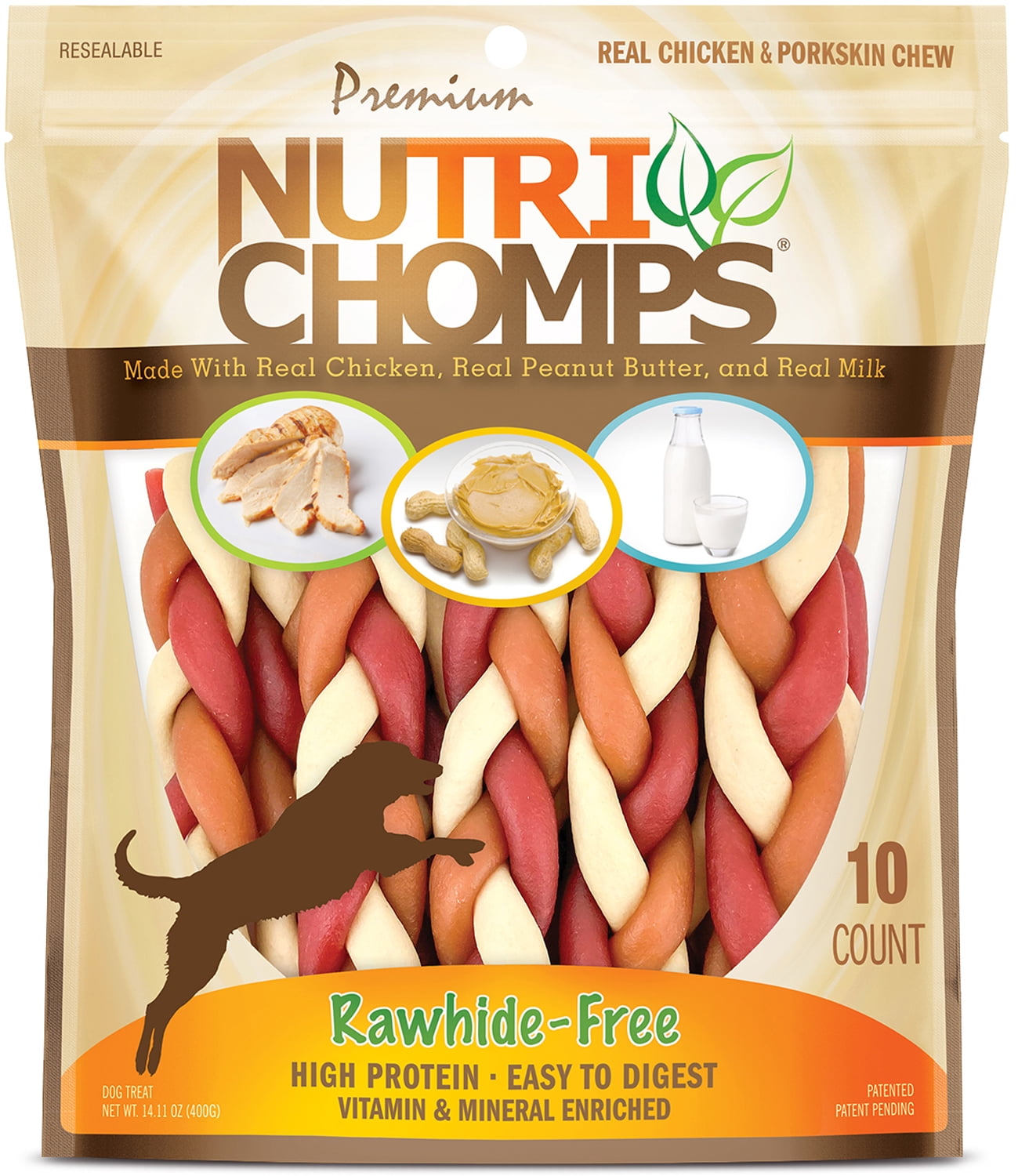 Nutri Chomps Premium Rawhide-Free Braided Dog Treats, Real Chicken, Peanut Butter & Milk, 6 Inch, 10 Count