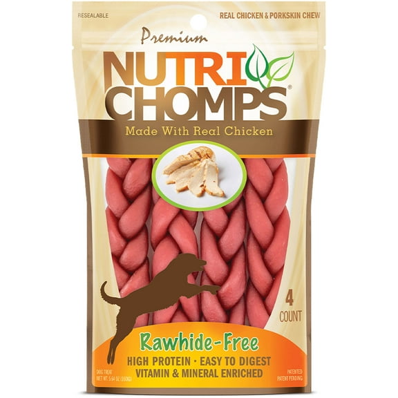 Nutri Chomps Premium Rawhide-Free Braided Dog Chews, Real Chicken, 6 Inch, 4 Count
