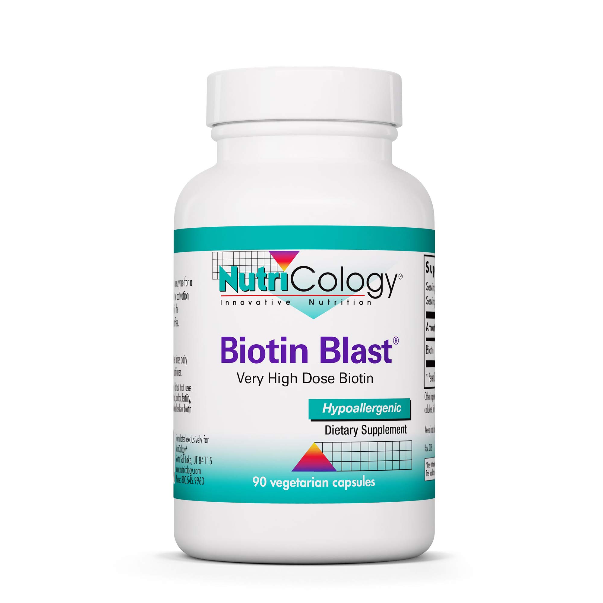 NutriCology Biotin Blast - Delivers 100 mg Biotin - Vitamin B - Metabolism & Energy Production Support - Hair, Skin & Nail Supplement - Gluten-Free - 90 Servings - 90 Vegetarian Capsules