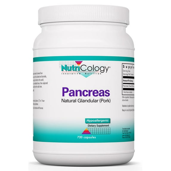 Nutricology Pancreas Dietary Supplement - Digestive Support, Natural Glandur (Pork), Enzymes, Hypoallergenic, Vegetarian Capsules, Gluten Free - 720 Count