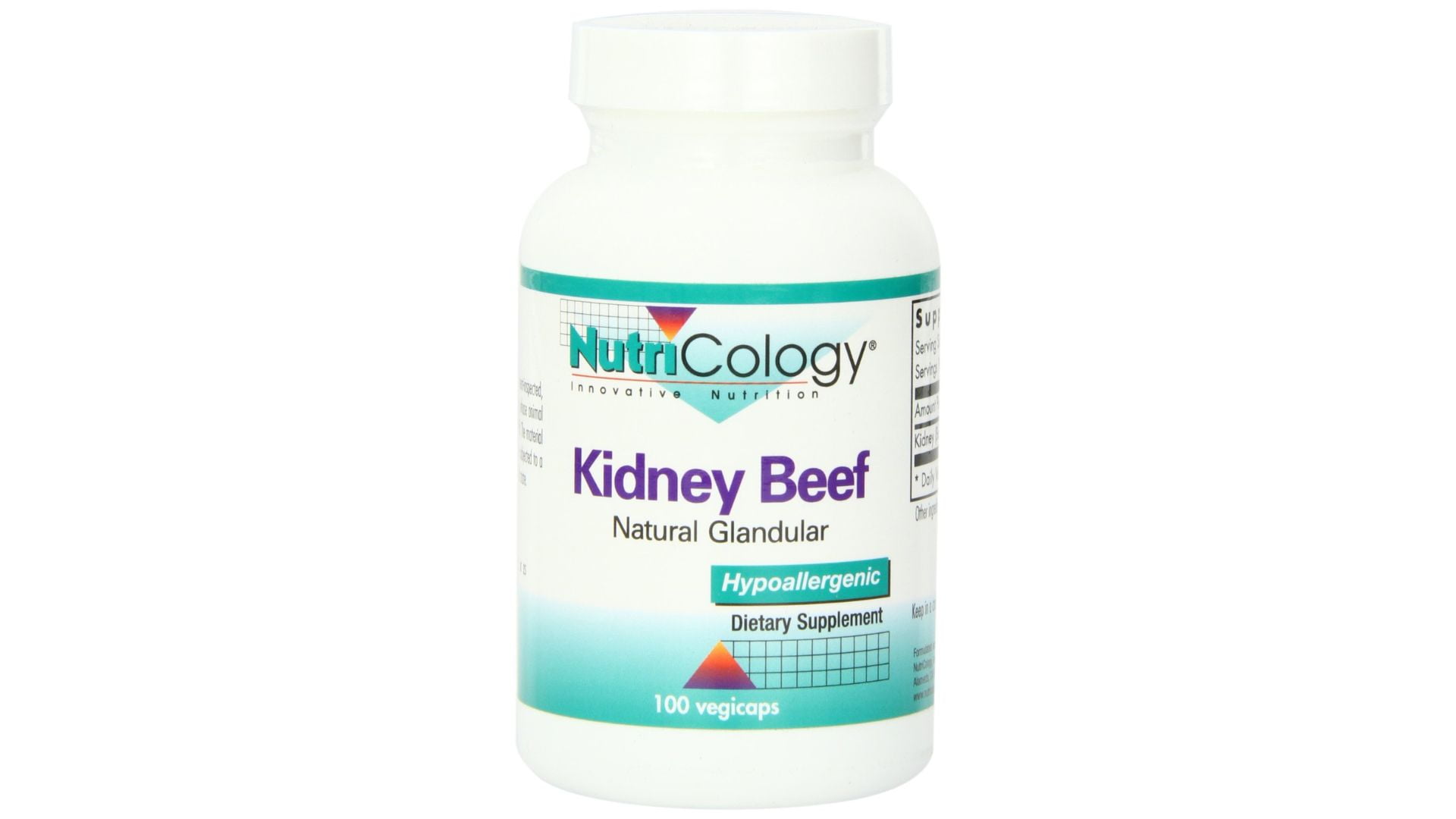 Nutricology Kidney Beef Supplement - Natural Glandular, Freeze-Dried, Bovine, Lyophilized, Beef Organ, 500mg Vegetarian Capsules - 100 Count