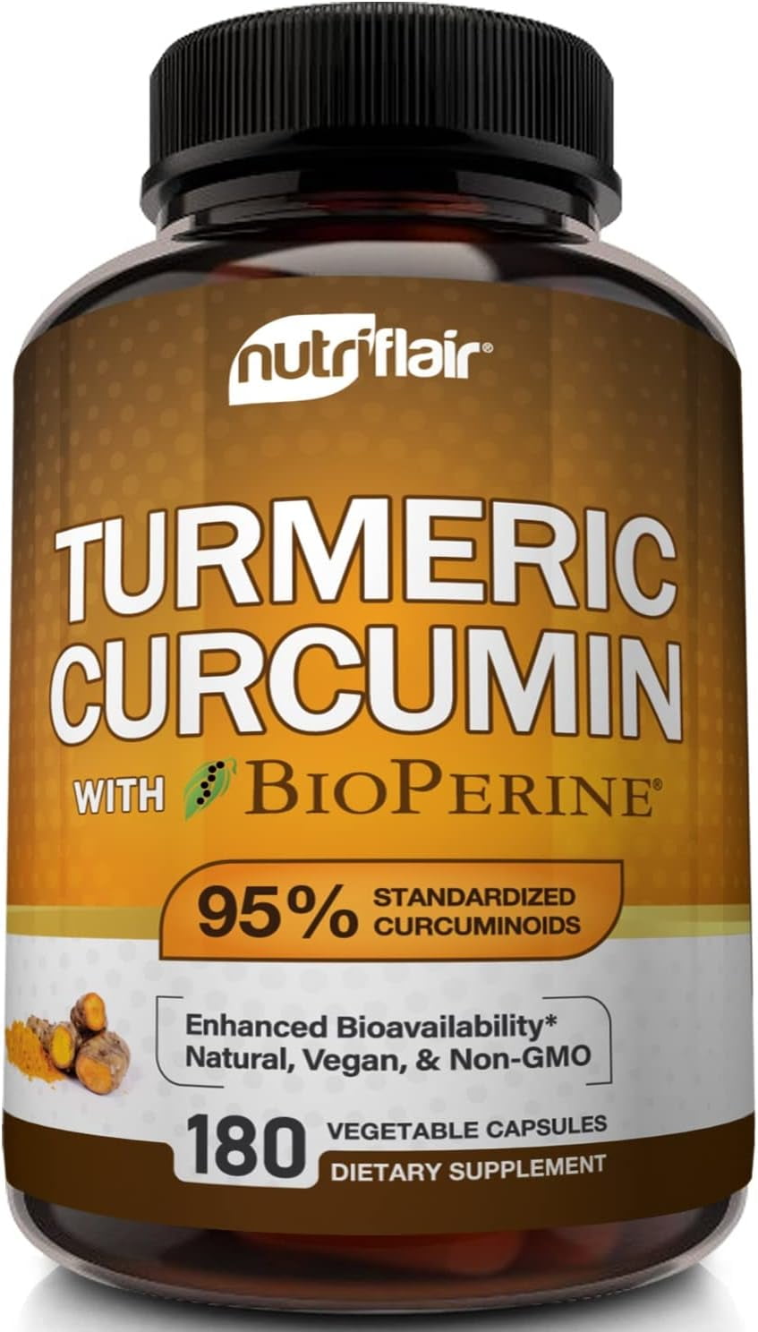 NutriFlair 1300mg Turmeric Curcumin with Black Pepper Supplement, 180 Count