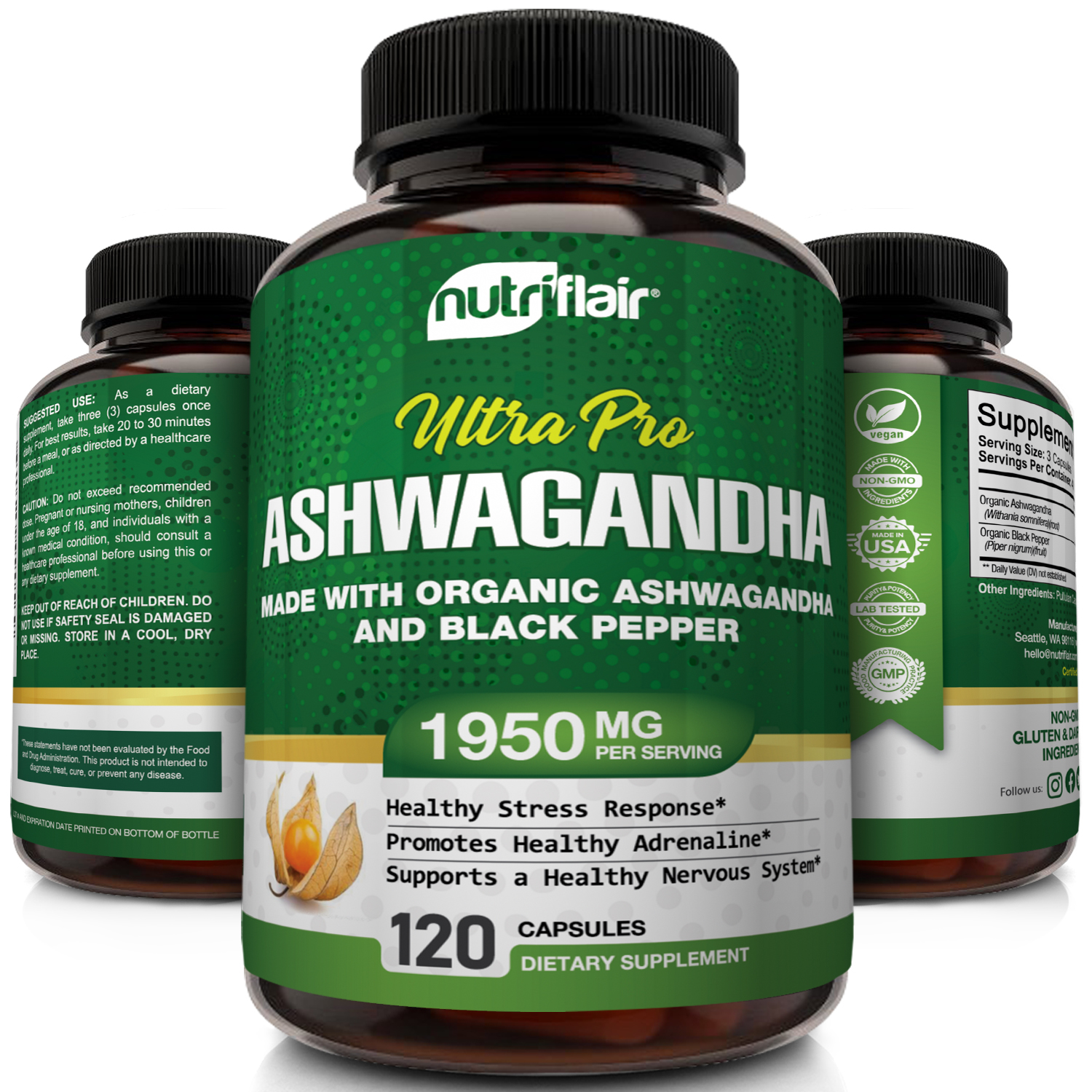 NutriFlair Certified Organic Ashwagandha Capsules for Natural Anxiety and Stress Relief Dietary Supplements 120 Capsules - image 1 of 7