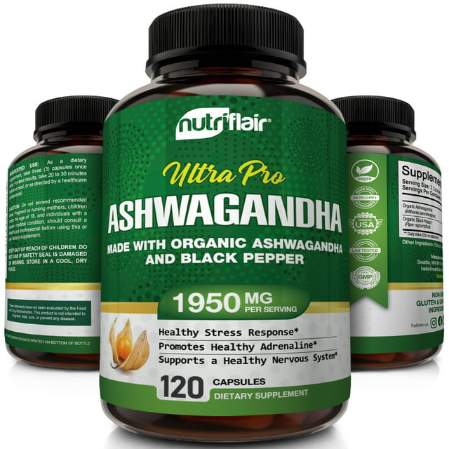 NutriFlair Certified Organic Ashwagandha Capsules for Natural Anxiety and Stress Relief Dietary Supplements 120 Capsules