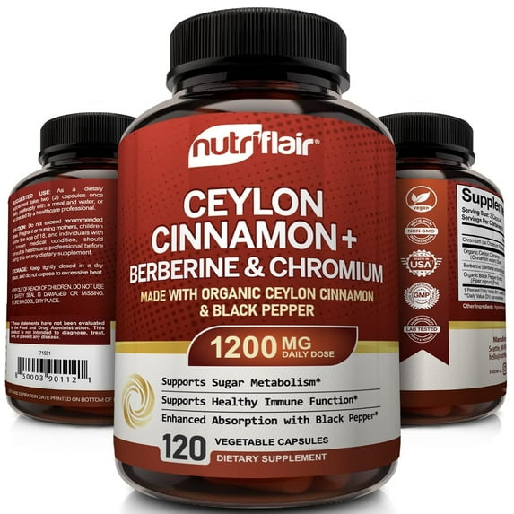 NutriFlair Ceylon Cinnamon Capsules with Berberine HCL, Chromium, and Black Pepper, 1200 mg per Serving, 120 Count