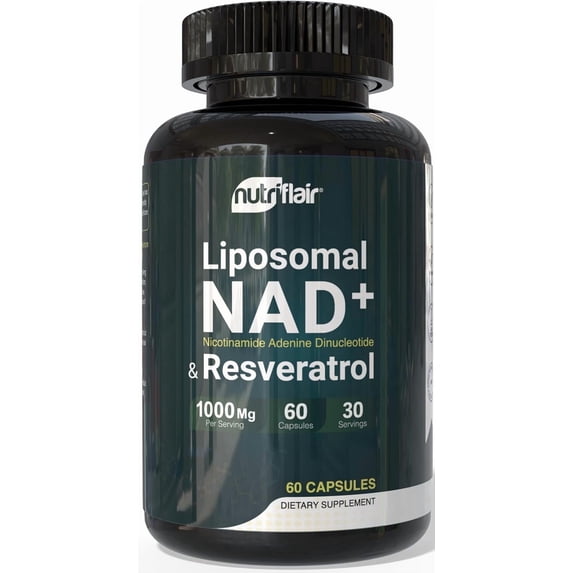 NutriFlair High Absorption 1000 mg Liposomal NAD Supplement with Resveratrol, 60 Vegan Capsules