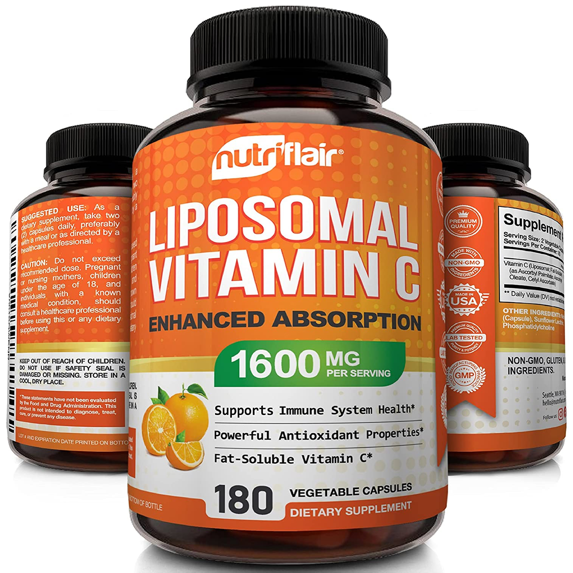 NutriFlair Liposomal Vitamin C 1600mg, 180 Capsules - High Absorption, Fat Soluble VIT C, Antioxidant Supplement, Higher Bioavailability Immune System Support & Collagen Booster, Non-GMO, Vegan Pills - image 1 of 7