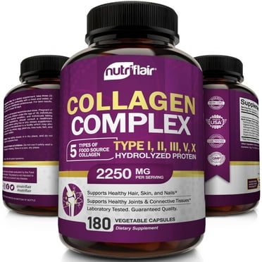 NutriFlair Multi Collagen Peptides Supplement for Hair, Skin, Nails, Joint Health 180 Vegetable Capsules