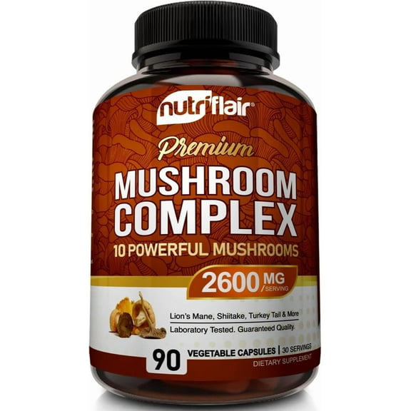 NutriFlair Mushroom Complex Supplement with 10 Mushrooms Lions Mane & Cordyceps, 90 Count