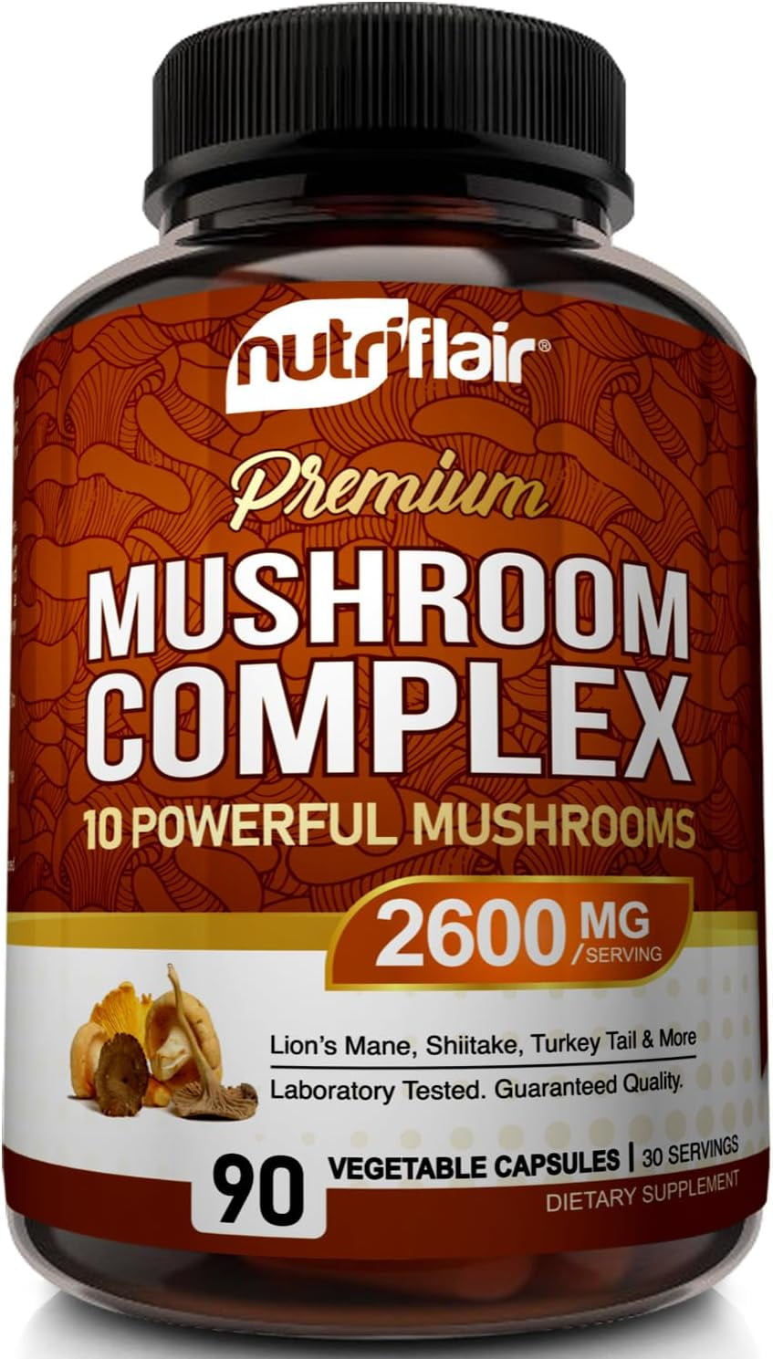 NutriFlair Mushroom Complex Supplement with 10 Mushrooms Lions Mane & Cordyceps, 90 Count