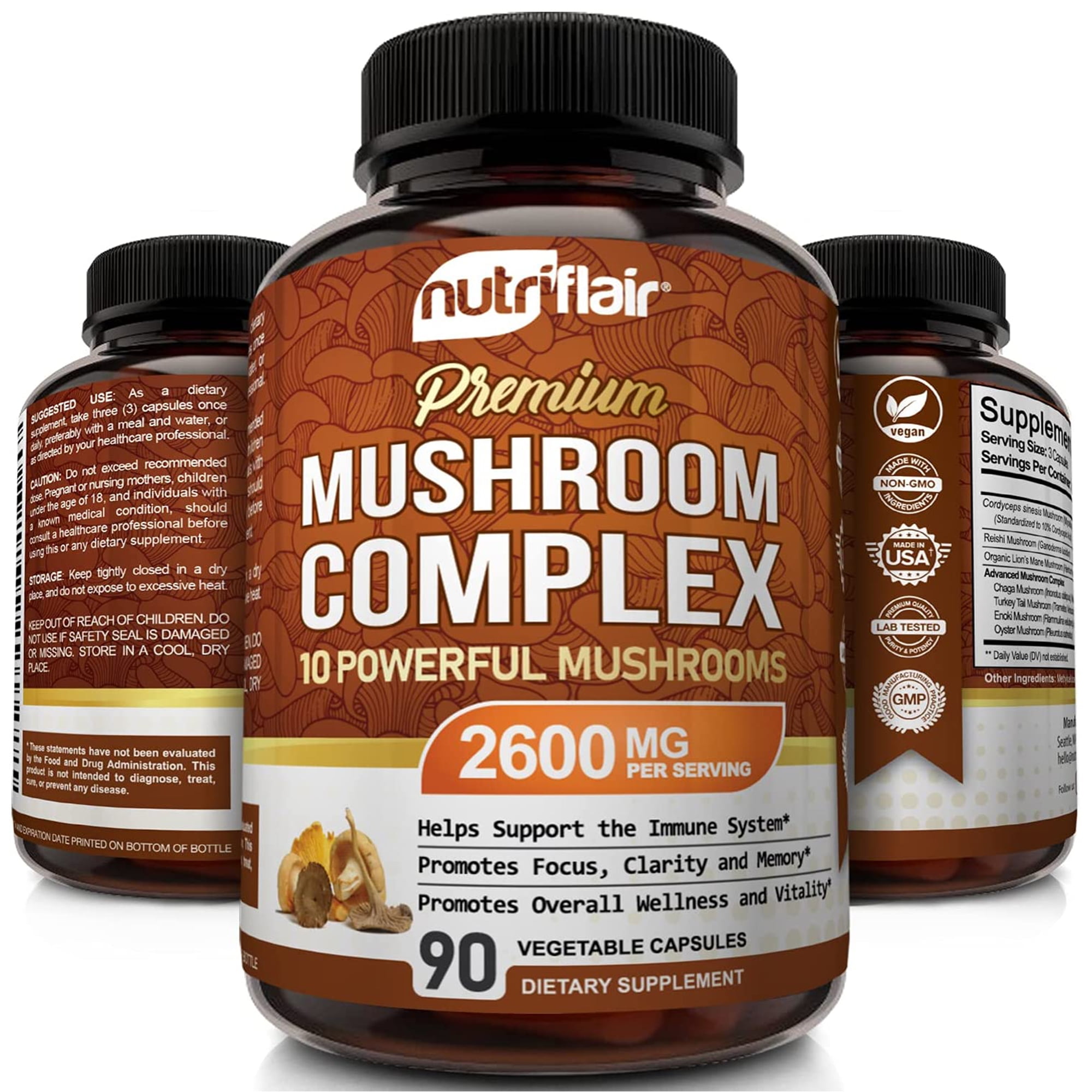 NutriFlair Mushroom Complex Supplement with 10 Mushrooms Lions Mane & Cordyceps, 90 Count