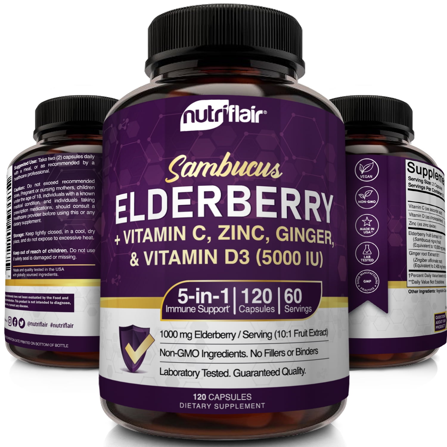 NutriFlair Sambucus Elderberry, 120 Vegetarian Capsules 5 in 1 Immune