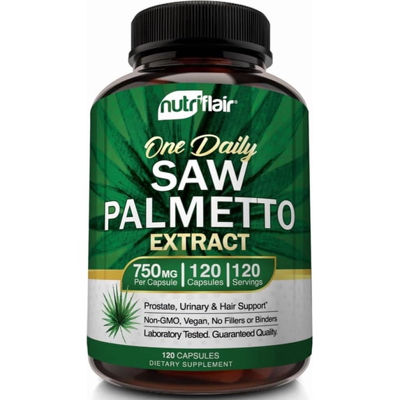 NutriFlair Saw Palmetto Extract 750mg, 120 Capsules – Men’s Herbal Supplement with Saw Palmetto Berries & Extract – Non-GMO