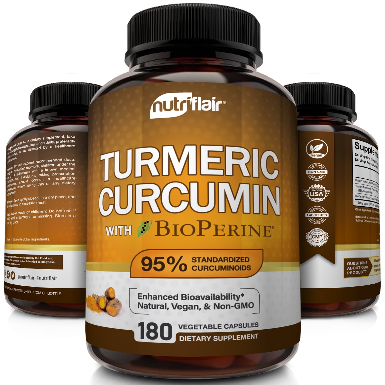 NutriFlair Turmeric Curcumin with Black Pepper Supplement 1300mg, 180