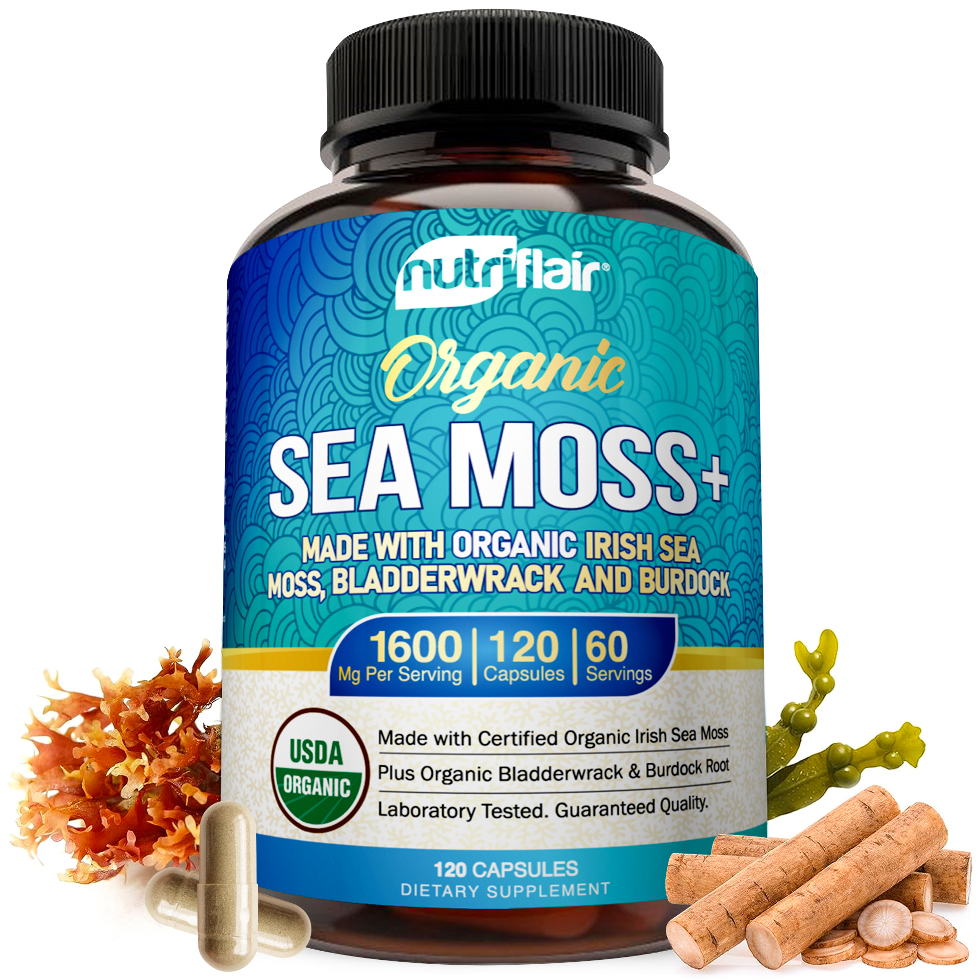 NutriFlair USDA Certified Organic Sea Moss Capsules 1600mg, 120 Capsules - Immunity, Gut, Energy - Superfood Sea Moss Supplements with Raw Sea Moss Powder for Women and Men - image 1 of 8