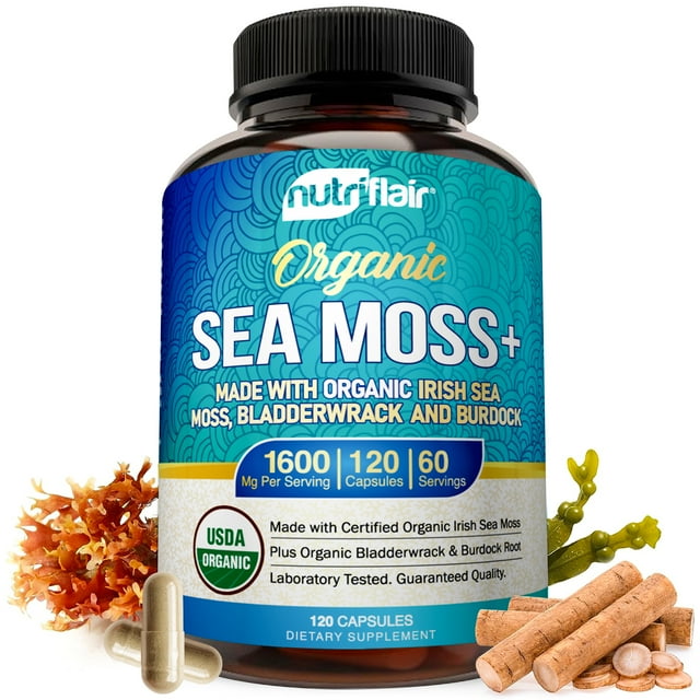 NutriFlair USDA Certified Organic Sea Moss Capsules 1600mg, 120 Capsules - Immunity, Gut, Energy - Superfood Sea Moss Supplements with Raw Sea Moss Powder for Women and Men