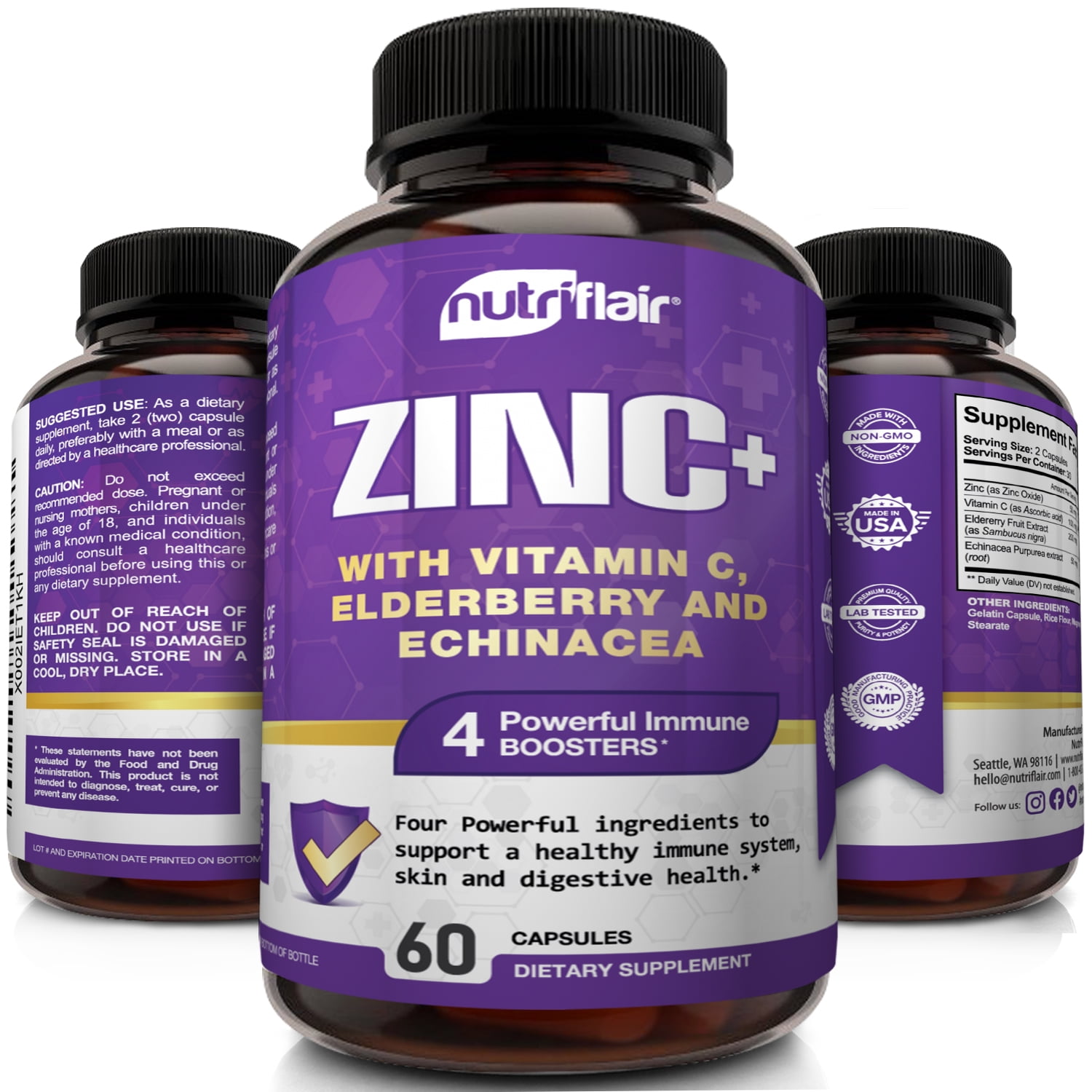 NutriFlair Zinc 50mg with Vitamin C, Elderberry, Echinacea Purpurea