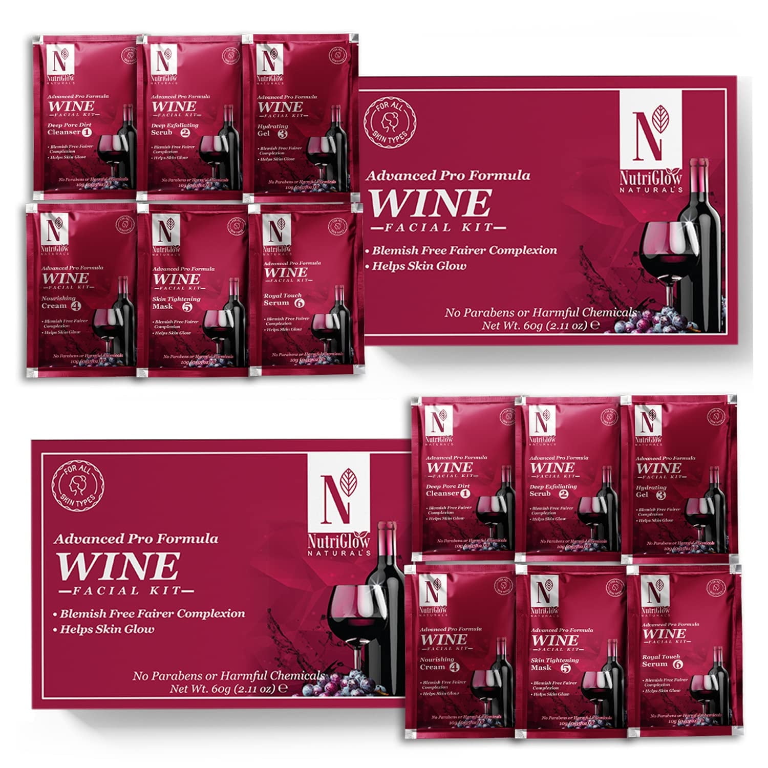 NutriGlow NATURAL'S Advanced Pro Formula Wine Facial Clean-up Kit for Glowing Skin| Fights with Acne & Remove Blackheads|(10gm)x6 each| Pack of 2