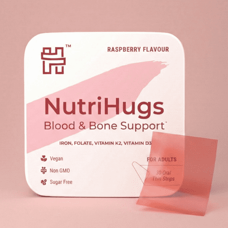 NutriHugs Blood & Bone Support Mouth Dissolving Strips with Iron, Vitamin D, K & Folate - Raspberry Flavor | Vegan 30 Strips