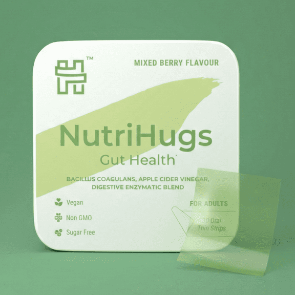NutriHugs Gut Health Mouth Dissolving Strips with Bacillus Coagulans & Digestive Enzymes - Mixed Berry Flavor | Vegan 30 Strips