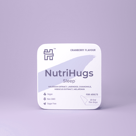 NutriHugs Sleep Mouth Dissolving Oral Thin Film Strips with Herbal Blend & Melatonin - Cranberry Flavor | Vegan 30 Strips