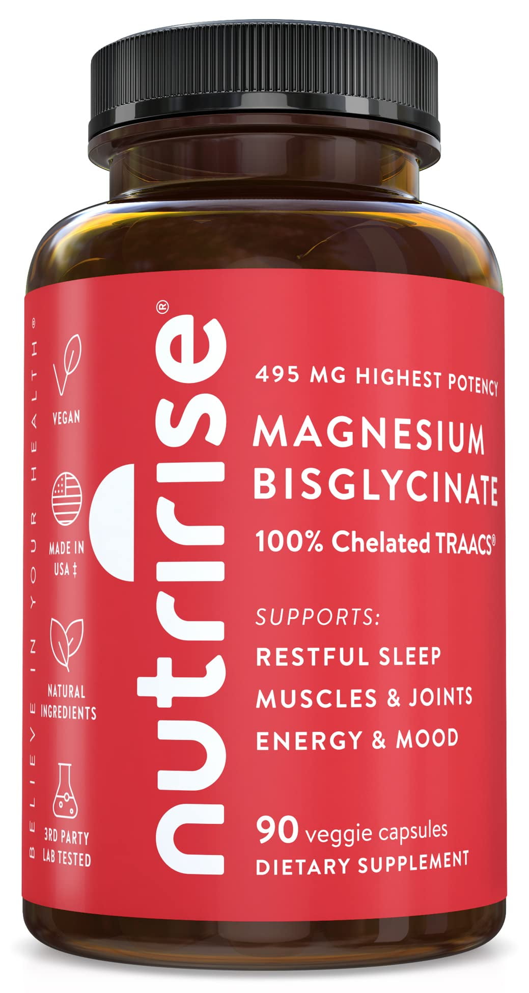 NutriRise Magnesium Bisglycinate Chelate Buffered, 495mg, Supports Calm