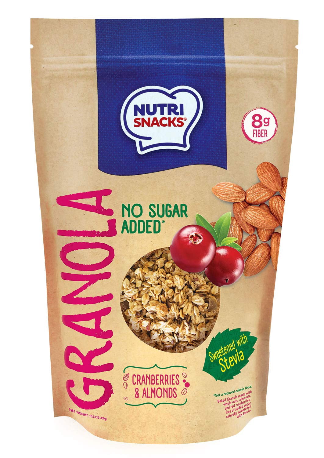 NutriSnacks Cranberry Almond Granola No Added Sugar, 10.5 oz. Bag, Sweetened with Stevia