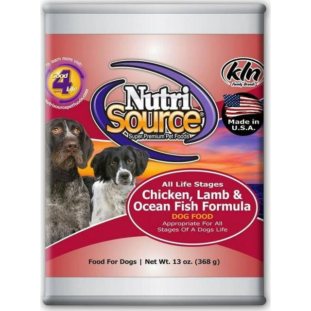NutriSource Adult Chicken, Lamb and Ocean Fish Canned Dog Food 13- Oz Cans, Case of 12