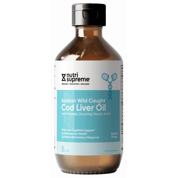NutriSupreme Alaskan Wild Caught Cod Liver Oil, Lemon Flavor, Naturally Occurring Vitamins A & D, Omega-3 EPA DHA, Brain, Heart & Immune Support, 8 fl oz