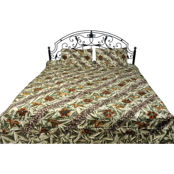 Nutria-Green Batik Bedspread from Pilkhuwa with Printed Flowers - Pure Cotton with Pillow Covers