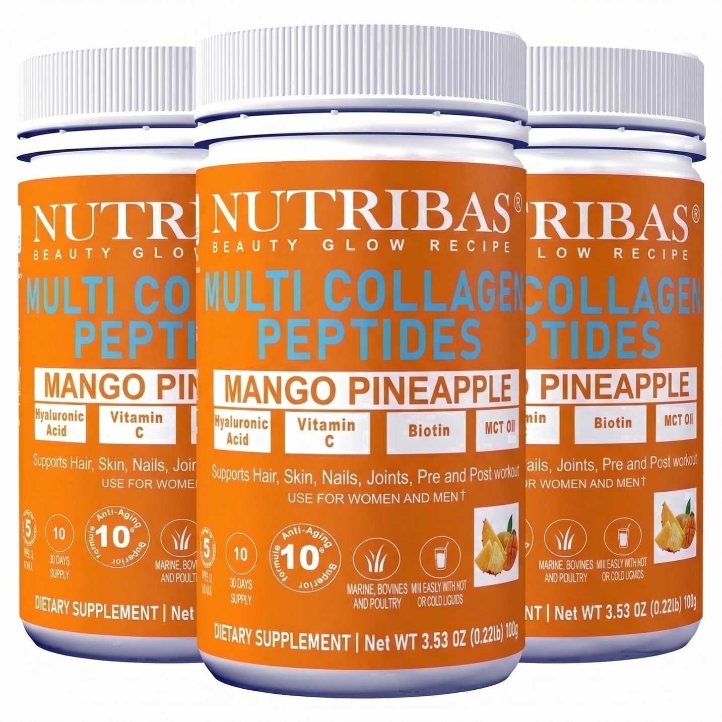 Nutribas Protein Multi Collagen Peptides Powder Supplement for Whole Body Support, Coffee Creamer with MCT & Vitamin C, Mango Pineapple, 3 Pack