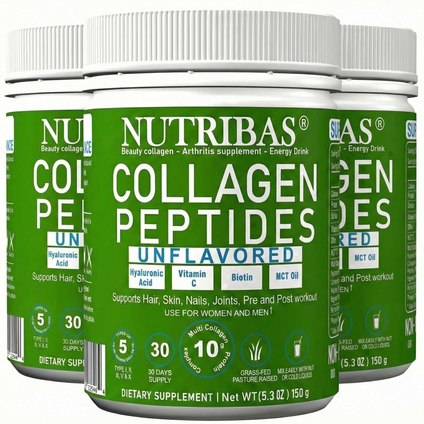 Nutribas Protein Multi Collagen Peptides Powder Whole Body Support Formula With MCT, Vitamin C, Biotin & Hyaluronic Acid , Unflavored, 1 lb