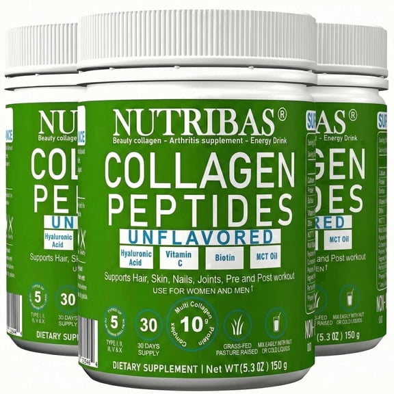 Nutribas Protein Multi Collagen Peptides Powder Whole Body Support Formula With MCT, Vitamin C, Biotin & Hyaluronic Acid , Unflavored, 1 lb