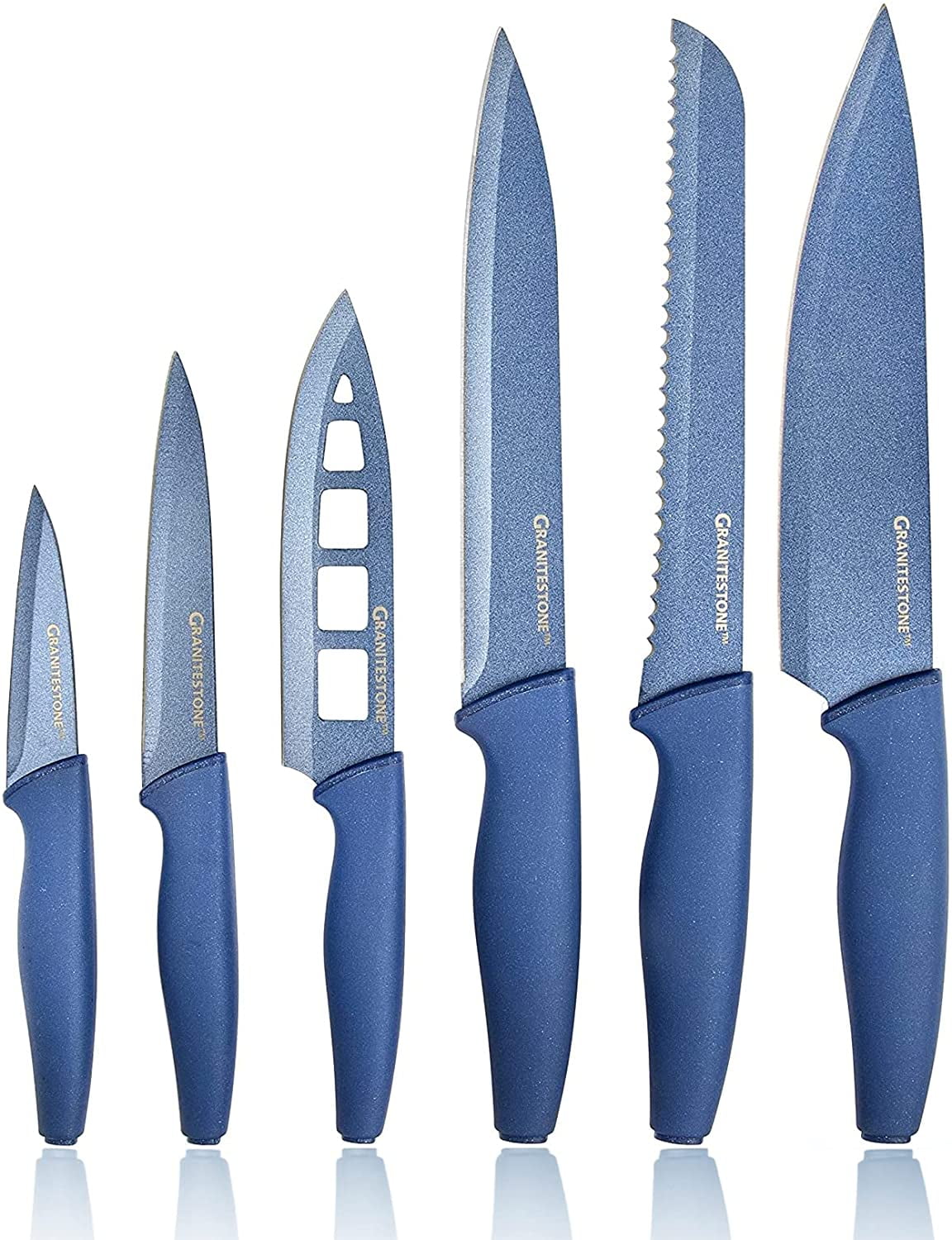 Nutriblade Knife Set by Granitestone, High Grade Professional Chef Kitchen Knives  Set, Knife Sets Toughened Stainless Steel w Nonstick Mineral Coating, Blue,  6 Piece 