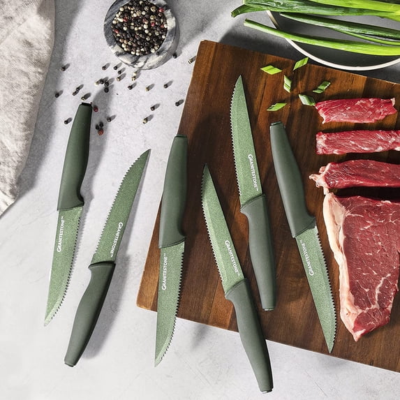 Nutriblade Steak Knife Set by Granitestone, High Grade Professional Chef Kitchen Knives Set, Knife Sets Toughened Stainless Steel w Nonstick Mineral Coating, Green, 6 Piece
