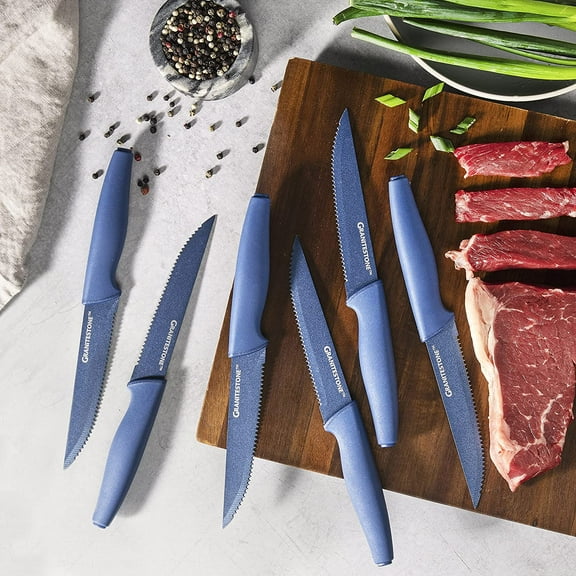 Nutriblade Steak Knife Set by Granitestone, High Grade Professional Chef Kitchen Knives Set, Knife Sets Toughened Stainless Steel w Nonstick Mineral Coating, Blue, 6 Piece