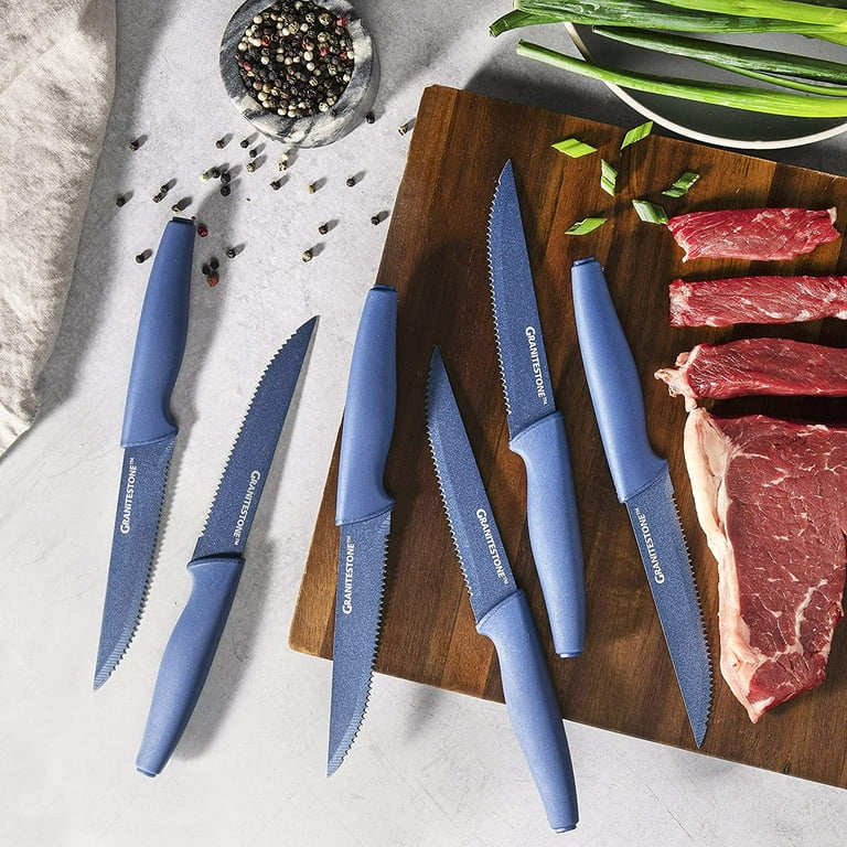 Nutriblade Knife Set by Granitestone, High Grade Professional Chef Kitchen Knives  Set, Knife Sets Toughened Stainless Steel w Nonstick Mineral Coating, Blue,  6 Piece 