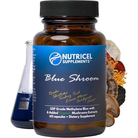Nutricel Supplements Methylene Blue (USP Grade) 1 Bottle 50 Capsules, with Mushroom Extracts: Lion's Mane, Reishi, Cordyceps, Chaga, Shiitake, Turkey Tail