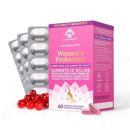Nutricelebrity NutriFlora-Pro Probiotics for Women - Support Vaginal, Urinary Health (UTI), Digestive System, Period Pain, Yeast, and BV Relief, Cranberry Pills, 10 Billion CFU 6 Strains (60 Caps)