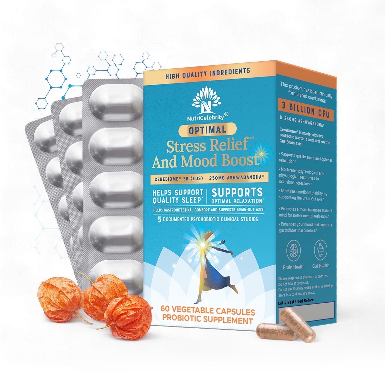 Nutricelebrity Optimal Stress Relief Supplement, Mood Support, Ashwagandha Organic, 60 Caps